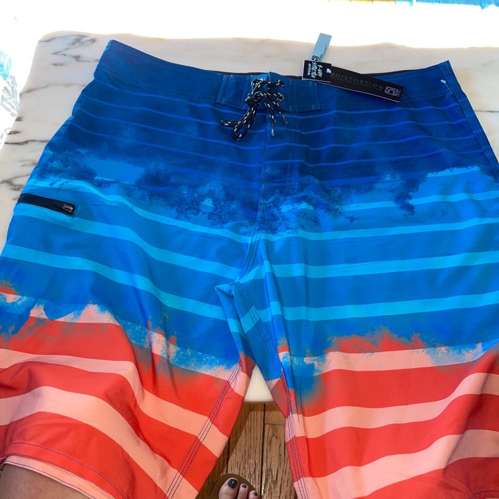 Distortion Swim Trunks Men XL Green Blue Stripe Board Shorts Cargo Pocket